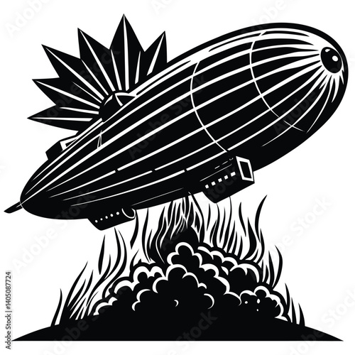 Vintage Zeppelin Airship Crash Black and White Vector Illustration | Blimp Disaster Graphic | Retro Aviation Art Print