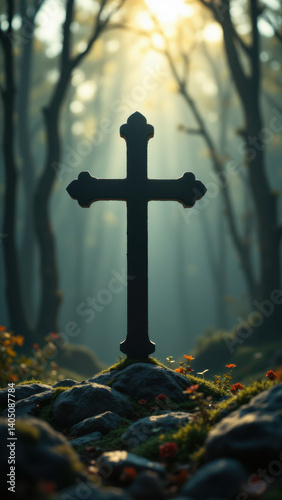 Cross in nature with forest sunlight.