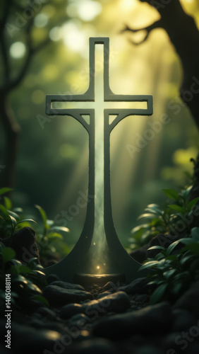 Symbolic Christian cross in a misty forest with beams of light.