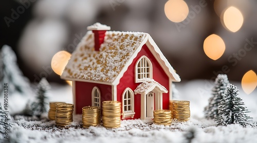 Winter Real Estate Investment Toy House With Gold Coins And Snowy Trees