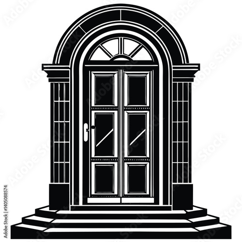Ornate Arched Doorway Illustration: Black and White Architectural Design with Columns and Steps - Vector Graphic Image