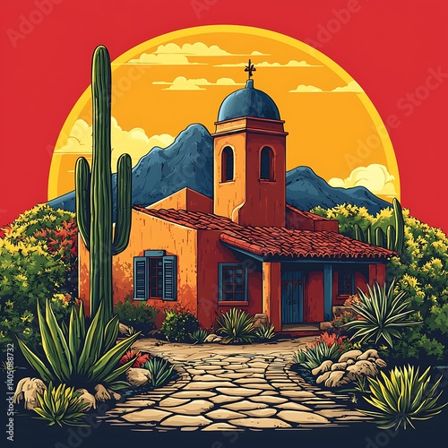 Vibrant southwestern architecture with red sun glow high resolution picture