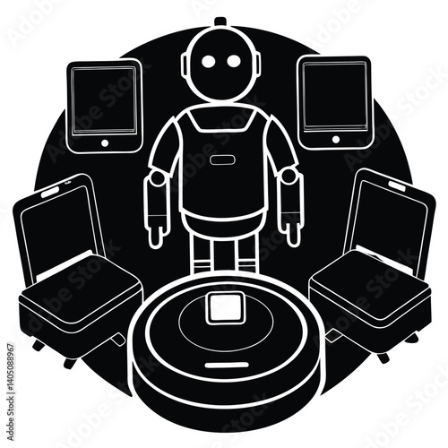 Black and White Robot Technology Illustration: Vacuum Cleaner, Tablets, Chairs, and Automation Concept Graphic Design