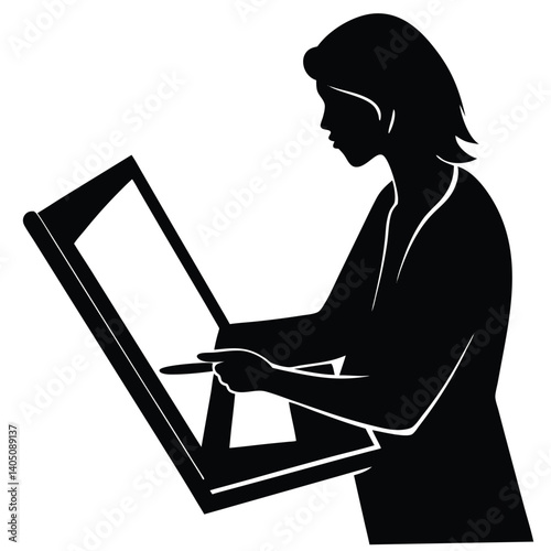Silhouette of a Woman Architect at Drafting Table, Drawing with Precision Tools, Architectural Design Illustration