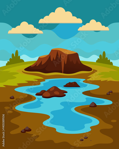 A thick layer of sludge floating on the surface of a onceclear river a reminder of the hazardous waste dumped by nearby factories.. Vector illustration