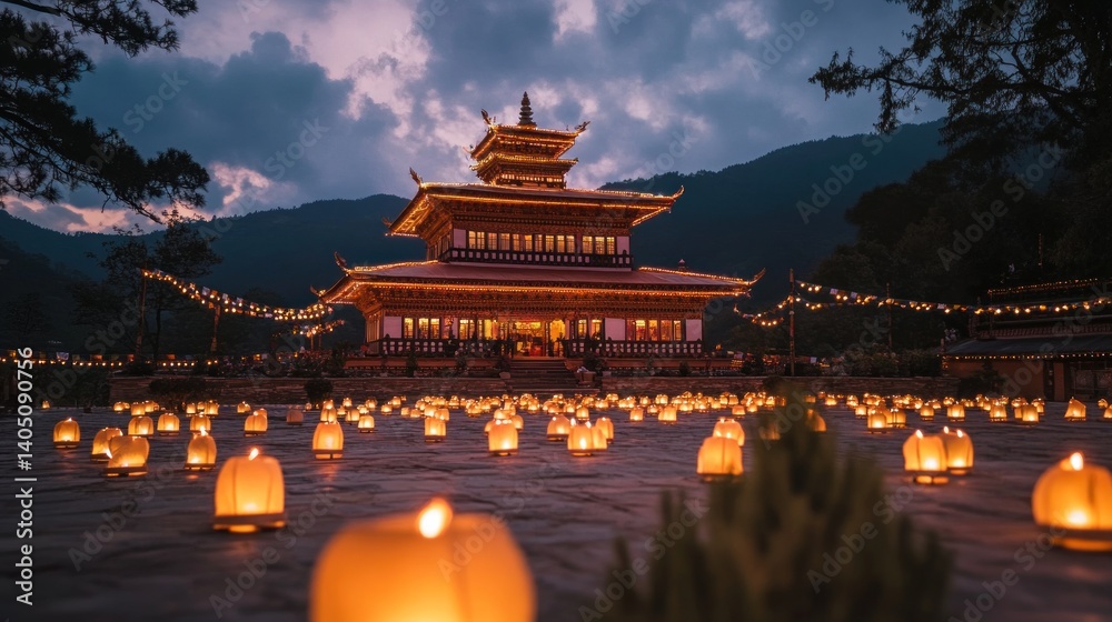 Fototapeta premium Illuminated Bhutanese Temple and Candlelit Lanterns in Mountain Landscape