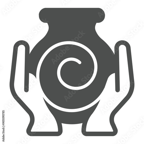 Clay pot with twirl in hands solid icon, pottery making concept. Vector graphics. Hands with clay pot, handcraft sign on white background, glyph style icon for mobile or web design.