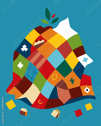 A patchwork quilt made from discarded fabric scraps tells the story of wasted resources and the consequences of consumerism.. Vector illustration