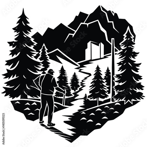 Hiking Adventure Vector Illustration: Silhouette of Hiker on Mountain Trail with Pine Trees and Scenic Landscape Art
