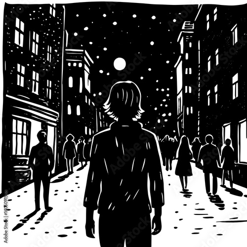 Person gazing at stars in a bustling city street at night  
