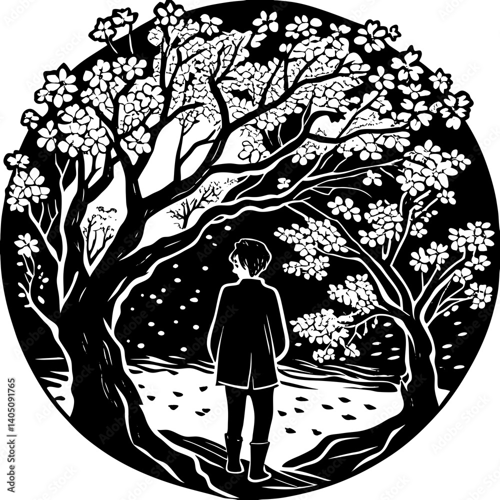 Boy gazing at cherry blossom trees against a night sky
