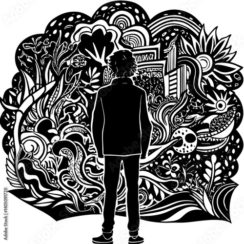 Person contemplating vibrant artistic mural  