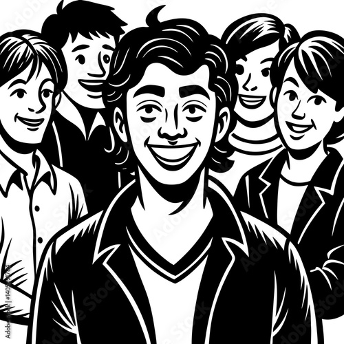 smiling person among friends in a lively group portrait  