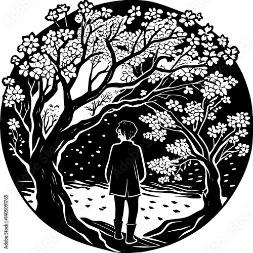 Obraz na płótnie Boy gazing at cherry blossom trees against a night sky w salonie