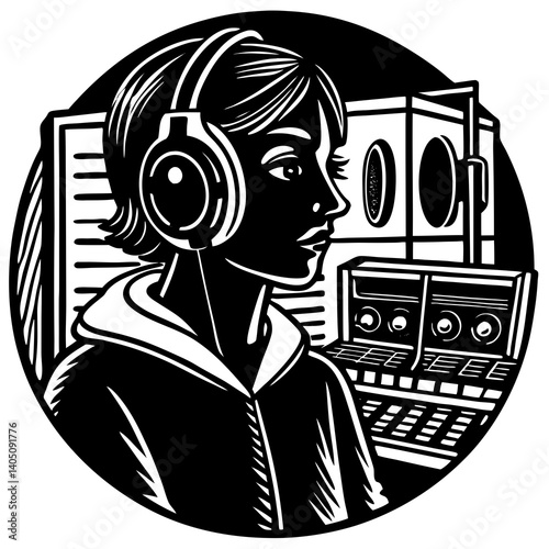 person wearing headphones listening to music in a recording studio  