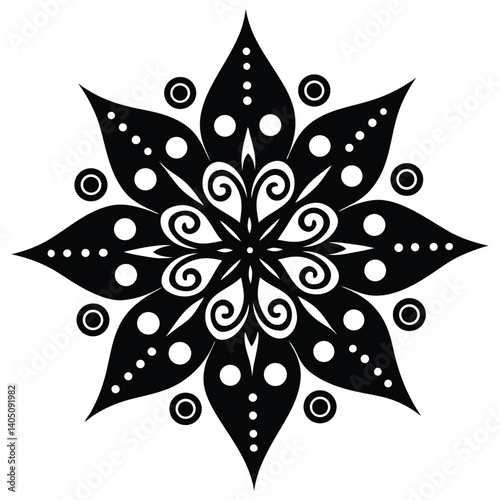 Black and White Mandala Flower Design: Intricate Floral Pattern, Decorative Ornament, Vector Illustration, Graphic Art, Symmetrical Motif