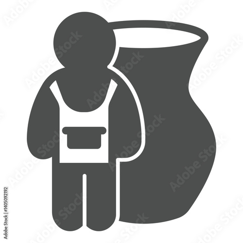 Man with apron and clay vase solid icon, pottery making concept. Vector graphics. Human with big vase, potter sign on white background, glyph style icon for mobile or web design.
