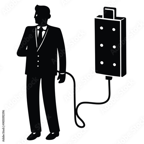 Man in Suit Connected to Lie Detector Machine Illustration: Silhouette Graphic of Truth Verification Concept