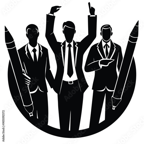 Business Teamwork Illustration: Silhouette of Three Men in Suits with Pens, Leadership, Creative Writing, Success Concept
