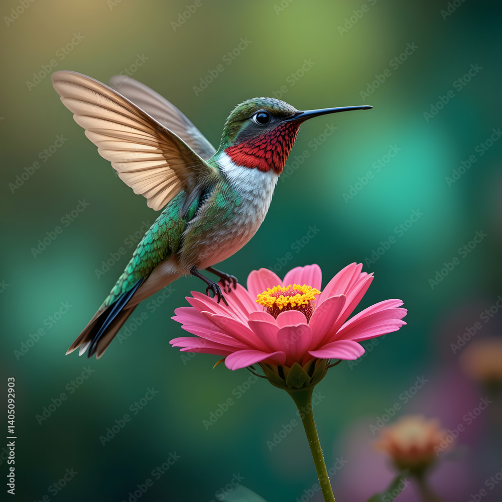 Fototapeta premium Ruby-throated Hummingbird on Zinnia