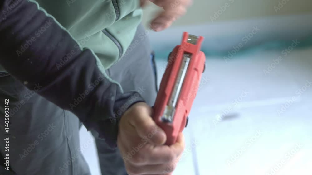 Worker loads staples into a staple gun Worker loads staples into a staple gun