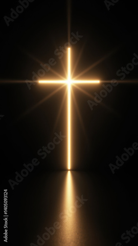 A cross shining with a bright light, symbolizing faith and Christianity against a dark background.