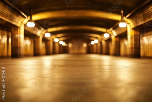 Golden, dimly lit subterranean passageway stretches into the distance.