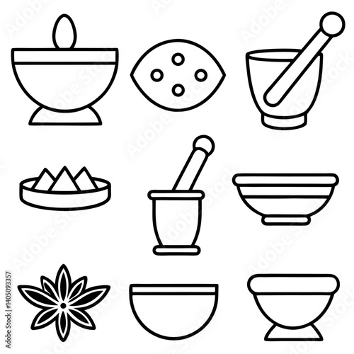 Set of Outline Illustrations of Traditional Apothecary Tools