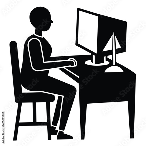 Silhouette of Person Working at Computer Desk: Office Worker, Graphic Illustration, Business, Technology, Ergonomics, Workplace