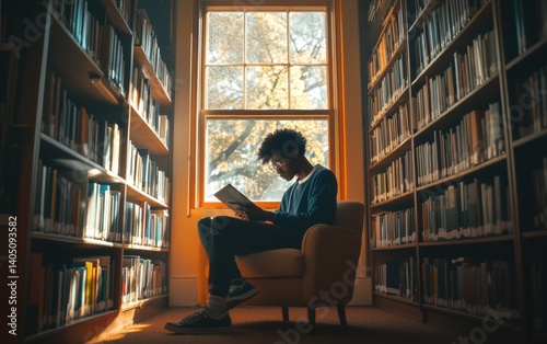 Focused student engrossed in reading within a library setting. photo