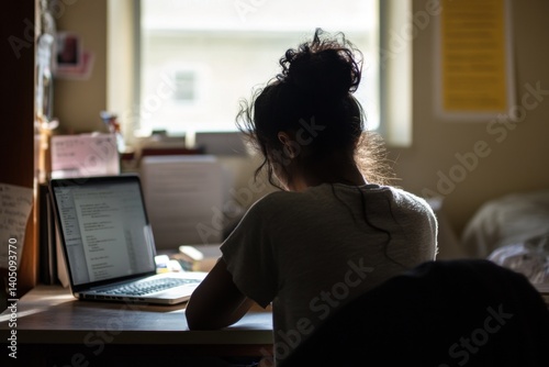 Young woman focused on her laptop in a dorm room.