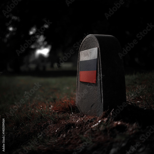 Grabstein mit polnischer Flagge im schwach beleuchteten nächtlichen Friedhof oder Wald