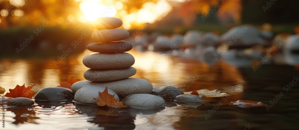 Obraz premium Balanced stack of river stones beside water during golden hour