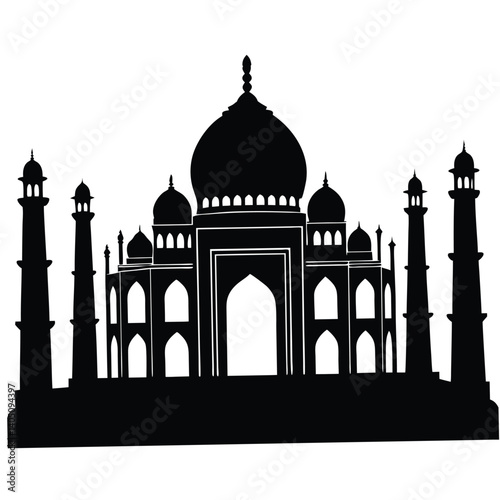 Taj Mahal Silhouette: Vector Illustration of Indian Landmark, Agra, Mausoleum, Architecture, Black and White Graphic Design