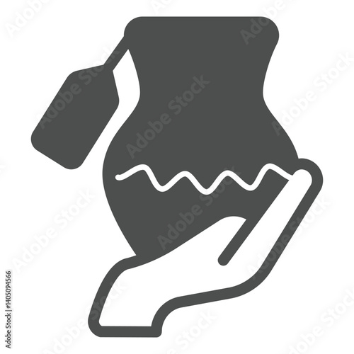 Hand with clay vase and price tag solid icon, pottery concept. Vector graphics. Vase in customer hand, shopping sign on white background, glyph style icon for mobile or web design.
