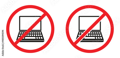 Vector icon of no computer laptop and notebook sign. Symbol forbidden using technology electronic device. Vector illustration