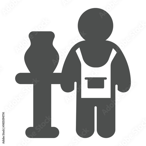 Vase on desk and man with apron solid icon, pottery concept. Vector graphics. Man with vase on table, potter sign on white background, glyph style icon for mobile or web design.