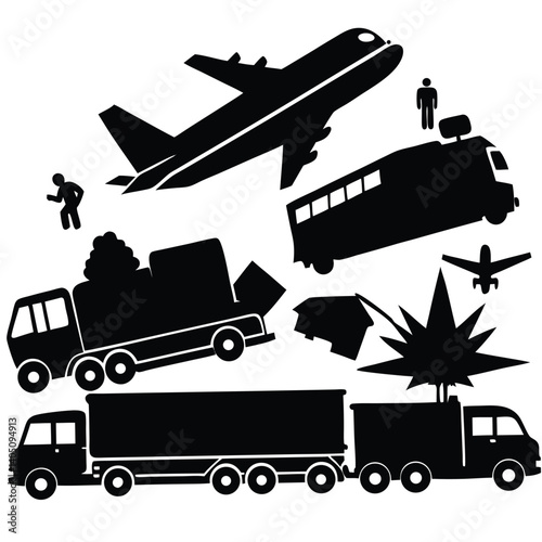 Black Silhouette Transportation Icons: Airplane, Truck, Bus, Train, Car Accident, People - Vector Graphic Illustration