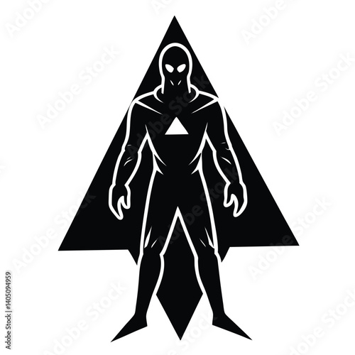 Superhero Silhouette Logo: Vector Illustration of a Heroic Figure with Triangle Emblem, Modern Graphic Design for Branding