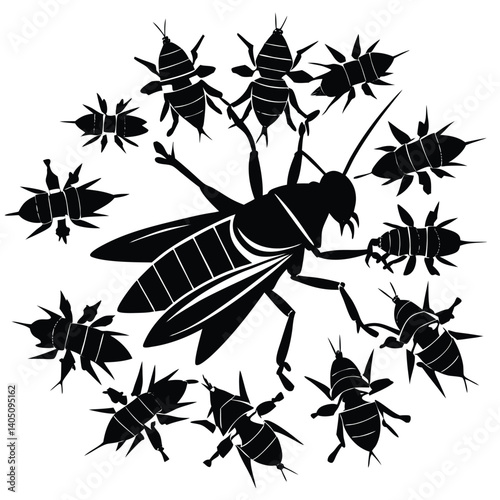 Black & White Silhouette of a Grasshopper Surrounded by Smaller Insects - Vector Graphic Illustration of Nature & Wildlife