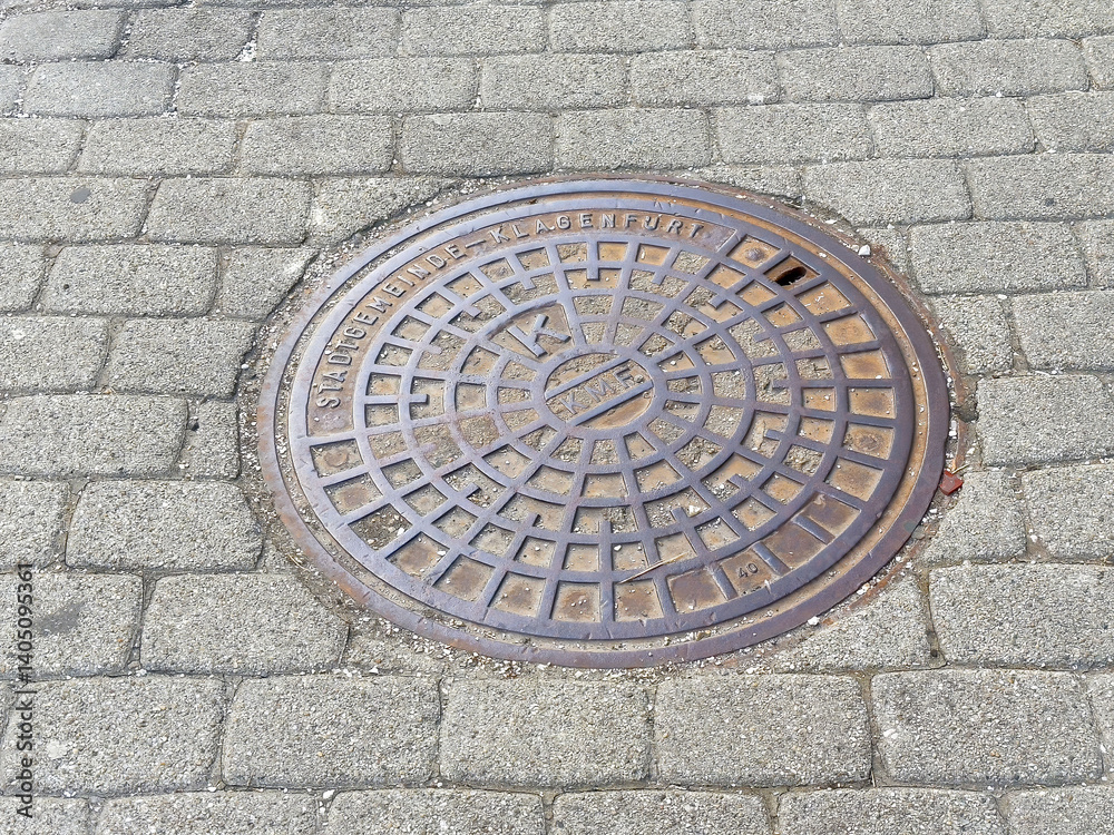 Round metal manhole cover on cobblestone street Round metal manhole cover on cobblestone street
