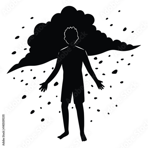 Silhouette Illustration of a Person Under a Dark Cloud, Experiencing Negative Emotions or Depression, Black and White Graphic Art