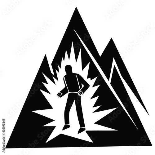 Avalanche Hazard Symbol: Black & White Vector Illustration of Person Caught in Mountain Avalanche, Safety Warning Sign Icon Graphic