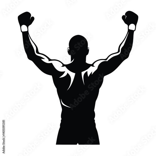 realistic silhouette of a boxer raising both hands in victory vector illustration