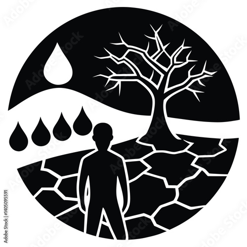 Drought Illustration: Arid Landscape, Cracked Earth, Dead Tree, Water Droplets, Human Figure, Black and White Graphic Design
