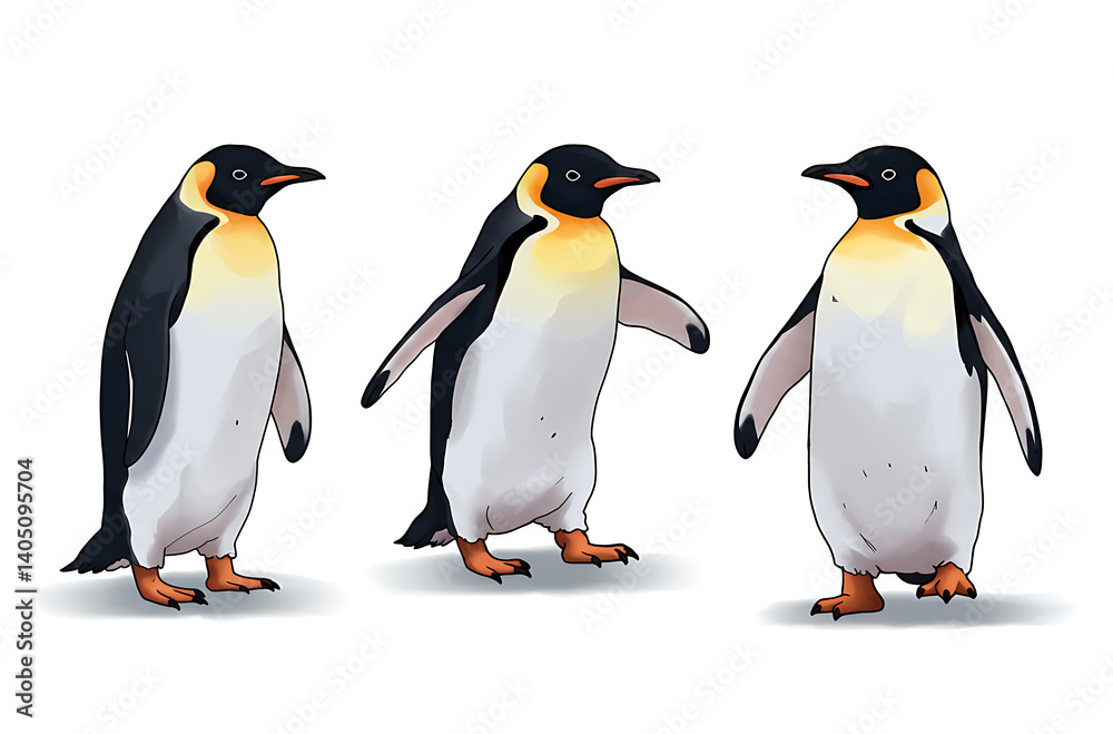 Fototapeta premium Three Emperor Penguins, Side-by-Side, Animated Style, White Background.