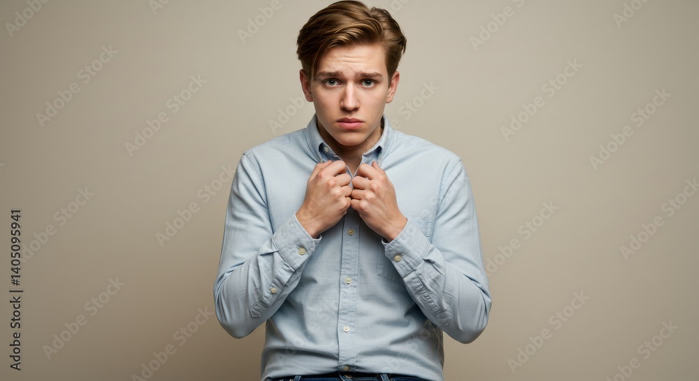 Fototapeta premium Young man adjusting his shirt, looking concerned against a neutral background