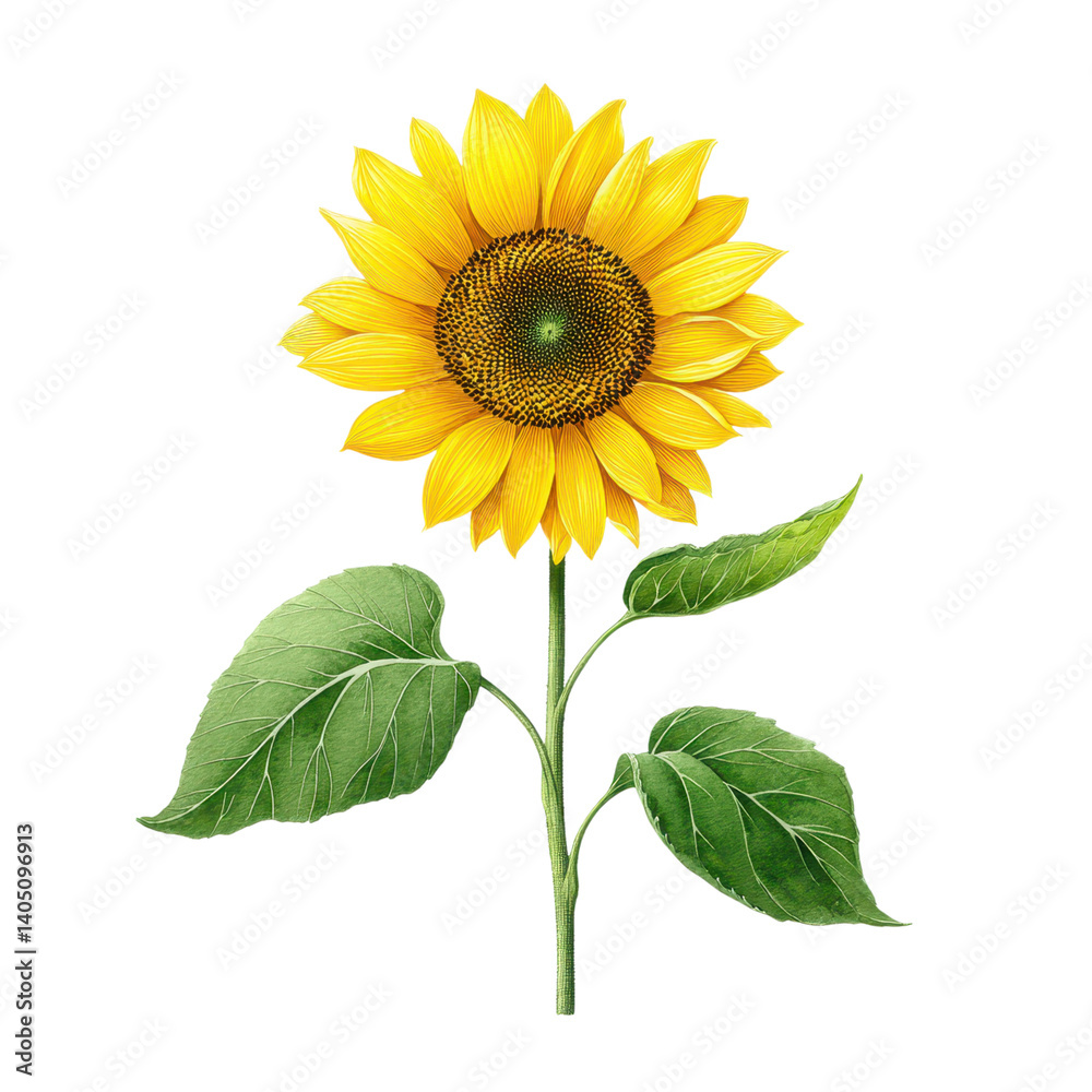 Naklejka premium Watercolor illustration of a sunflower with leaves on a white background. Botanical illustration.