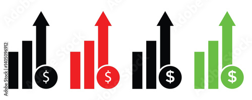 Set of Dollar rate increase vector icon set. Rise cost vector illustration. 