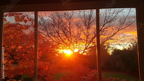 Autumn sunset viewed through a window with vibrant fall foliage. photo